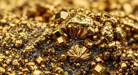 Macro photography of raw gold nuggets showing intricate metallic textures and a shiny yellow surface. The image represents wealth, mining, and precious minerals in high detail.の素材