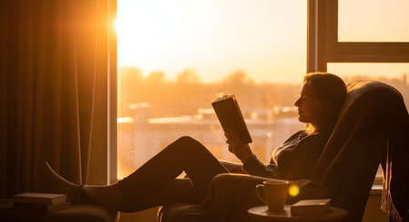 A silhouette of a woman reading a book while sitting in a comfortable armchair near a window during the golden hour. The warm sunlight streaming in creates a cozy and relaxing atmosphere perfect for leisure time.の素材