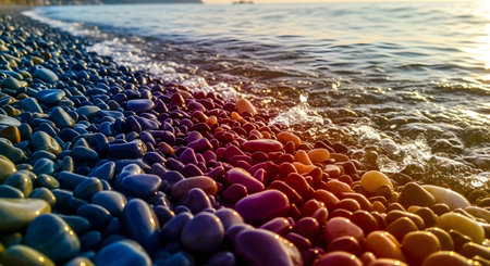 Close up view of wet colorful pebbles on a beach shore washed by sea foam. The golden sunset light reflects on the smooth stones creating a serene and textured landscape representing nature's beauty.の素材