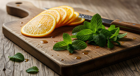 Freshly sliced orange circles arranged on a wooden cutting board with sprigs of green mint. Water droplets on the board add freshness to this healthy citrus fruit composition.の素材