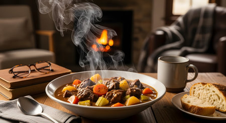 A bowl of hearty beef stew with carrots and potatoes steaming on a wooden table. Slices of bread and a fireplace in the background create a warm and comforting winter meal atmosphere.の素材