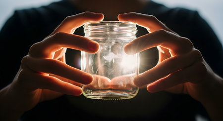 Silhouette hands hold a clear glass jar that appears to capture a bright burst of sunlight or energy. The conceptual image represents hope, creativity, and preserving memories, with a dramatic contrast between the dark background and the glowing light.の素材