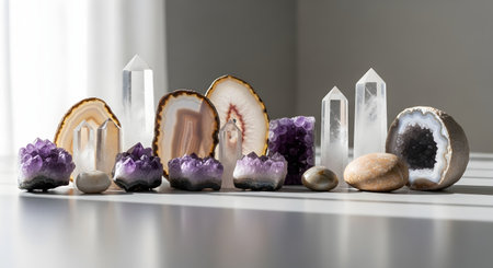 A variety of crystals and gemstones, including amethyst, clear quartz points, and agate slices, are arranged in a row on a white surface. Sunlight casts long shadows, emphasizing the translucency and natural beauty of these mineral specimens.の素材