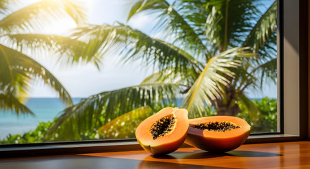 A ripe papaya cut in half sits on a wooden windowsill overlooking a tropical beach with palm trees. The sunny ocean view creates a relaxing summer vacation atmosphere.の素材