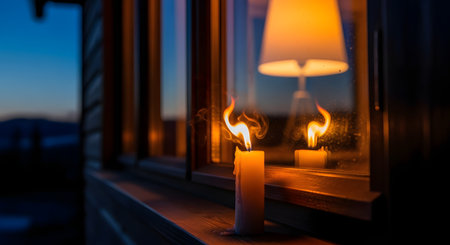 A burning candle sits on a wooden windowsill, its warm flame contrasting with the deep blue hues of the twilight sky outside. The reflection of the flame is visible in the glass, creating a cozy and intimate atmosphere. Inside, a lamp adds a soft glow to the comfortable home setting.の素材