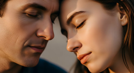 A close-up portrait of a loving couple touching foreheads with closed eyes, bathed in warm, soft light. The intimate moment captures deep affection, connection, and peaceful romance between a man and a woman.の素材
