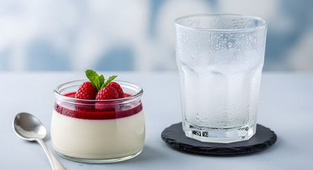 A glass jar filled with panna cotta topped with raspberry coulis and fresh berries sits next to an empty water glass with condensation. The scene represents a refreshing and elegant dessert.の素材