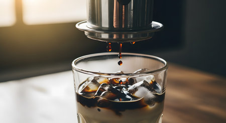 A traditional Vietnamese coffee filter (phin) dripping dark coffee into a glass filled with condensed milk and ice. The splash and droplets capture the authentic preparation of this popular sweet and strong beverage.の素材