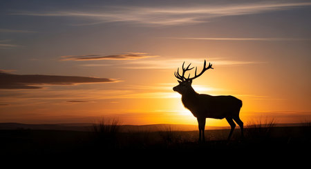A majestic silhouette of a stag with large antlers standing against a vibrant sunset sky. The golden light illuminates the rolling hills creating a serene and dramatic wildlife landscape scene.の素材