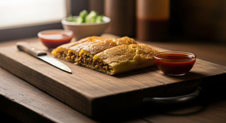 Slices of Martabak Telur, a popular Indonesian savory pancake filled with minced meat and egg, are arranged on a wooden board. A small bowl of spicy dipping sauce accompanies the crispy, golden-brown snack, highlighting street food culture.の素材