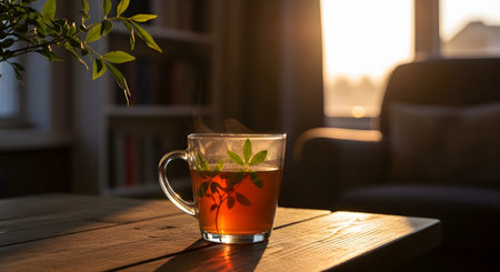 A glass cup of herbal tea backlit by the warm golden light of the setting sun. A plant silhouette is visible through the amber liquid, creating a calming and artistic atmosphere.の素材