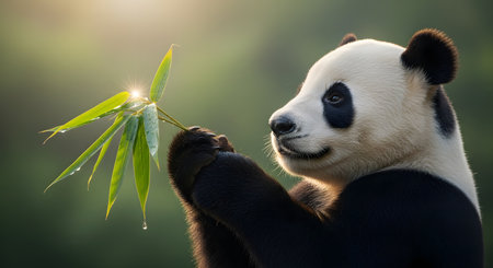 A giant panda holds a stalk of green bamboo against a soft, blurred background with a sunburst flare peaking through the leaves. The panda looks to the side with a gentle expression, highlighting wildlife conservation and nature.の素材