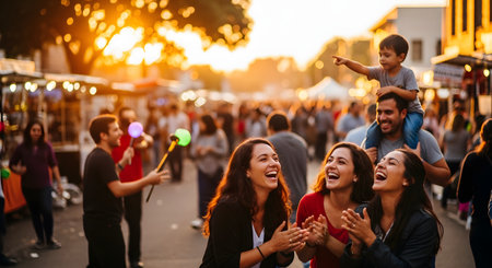 A group of happy friends laughing and clapping hands at a bustling street market during sunset. The warm backlight and blurred crowd create a joyful atmosphere of community and celebration.の素材