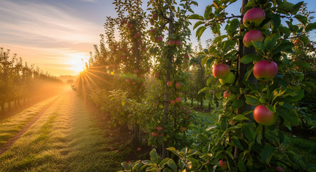 Rows of apple trees laden with ripe red fruit stretch into the distance during a misty sunrise. The golden light filters through the leaves, creating a magical and peaceful agricultural landscape.の素材