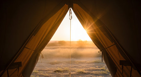 A view looking out from inside a camping tent through the open entrance at a golden sunrise over a grassy field. The warm light creates a peaceful and inviting outdoor adventure scene.の素材