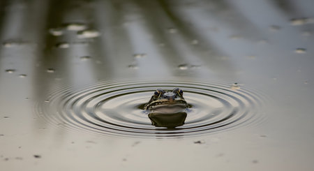 The head of a frog peeks out from the surface of calm water, creating concentric ripples. The low angle shot captures the amphibian's eyes and the peaceful, reflective nature of the pond habitat.の素材