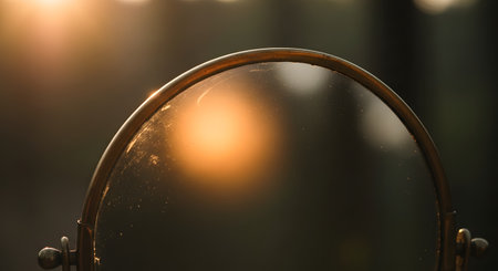 A close-up of a vintage round mirror frame capturing the warm, golden glow of a sunset. The dirty glass surface adds a textured, nostalgic feel, with the background blurred into soft bokeh light.の素材