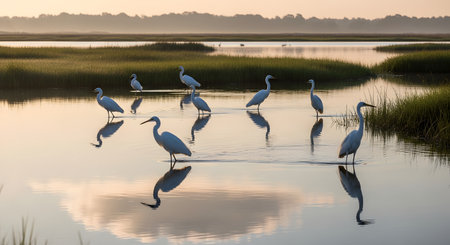 A flock of white egrets wades calmly in the shallow waters of a wetland marsh at sunrise. The soft morning light creates beautiful reflections and silhouettes, capturing a peaceful moment in the natural bird habitat.の素材