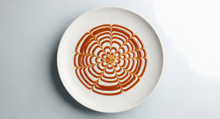 A white plate featuring a decorative spiderweb pattern created with caramel sauce. The precise, symmetrical lines of the sweet topping demonstrate professional plating and dessert presentation techniques.の素材