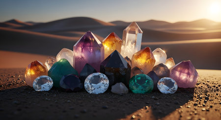 A magical arrangement of various colorful crystals and gemstones, including amethyst and quartz, resting on desert sand dunes. The scene is illuminated by the warm golden light of a setting sun, creating a mystical and spiritual atmosphere.の素材