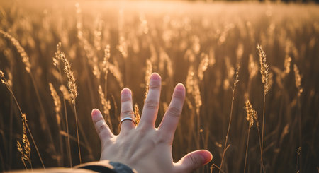 A first-person perspective of a hand with a ring reaching out to touch tall grass or wheat in a field during sunset. The golden backlighting creates a warm and emotional connection with nature.の素材