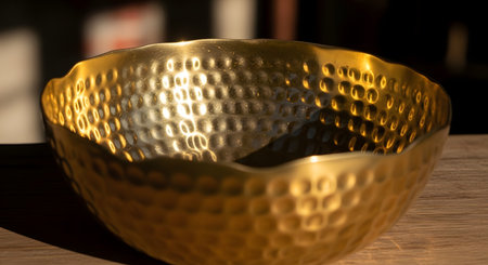 A close-up of a handcrafted hammered gold bowl resting on a wooden surface, catching the warm sunlight. The textured metallic surface creates a play of light and shadow, highlighting the artisanal quality of the object.の素材