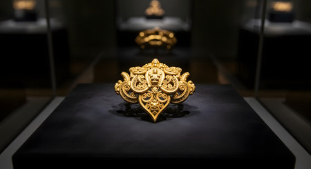 An exquisite piece of antique gold jewelry with intricate filigree details sits on a dark velvet display stand inside a glass case. The lighting highlights the craftsmanship and luxury of the historical artifact or high-end accessory.の素材