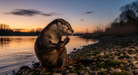 A cute otter stands on a pebble riverbank grooming itself against a backdrop of a calm river and sunset. The warm lighting highlights the animal's fur and the peaceful natural environment.の素材
