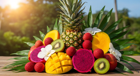 A vibrant composition of tropical fruits including pineapple, mango, dragon fruit, kiwi, and lychee, arranged with green palm leaves. The bright colors and fresh textures celebrate exotic flavors and healthy eating.の素材