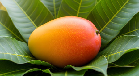 A single, perfectly ripe mango with a gradient of yellow, orange, and red skin resting on a bed of fresh green leaves. The close-up highlights the smooth texture and vibrant colors of the tropical fruit.の素材