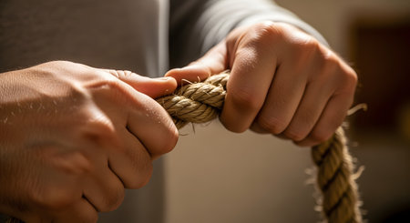A close-up of strong hands gripping and twisting a thick, rough hemp rope. The image conveys concepts of tension, strength, struggle, or the effort of pulling and holding on.の素材