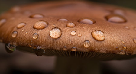 A macro shot of a brown mushroom cap covered in glistening water droplets, showcasing the intricate texture of nature. The shallow depth of field emphasizes the spherical drops and the smooth, organic surface of the fungus.の素材