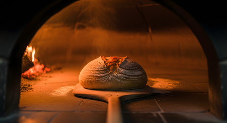 A round loaf of rustic sourdough bread baking inside a traditional wood-fired brick oven. The warm glow of the fire illuminates the crusty texture of the bread, evoking artisanal baking and traditional culinary methods.の素材