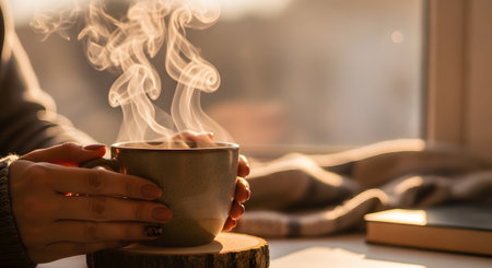 Close-up of hands holding a steaming hot cup of coffee or tea near a window bathed in warm morning sunlight. The rising steam and cozy sweater evoke a sense of comfort and relaxation during winter or autumn.の素材
