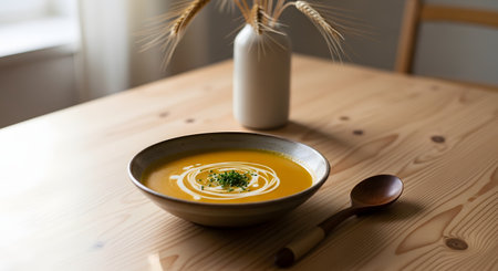 A bowl of smooth creamy pumpkin soup garnished with a swirl of cream and herbs placed on a minimalist wooden table. The warm orange color of the soup suggests a comforting and healthy meal.の素材