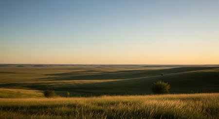 A panoramic view of a vast grassy plain with gentle rolling hills bathed in the warm light of sunset. The serene and open landscape suggests freedom and untouched nature.の素材