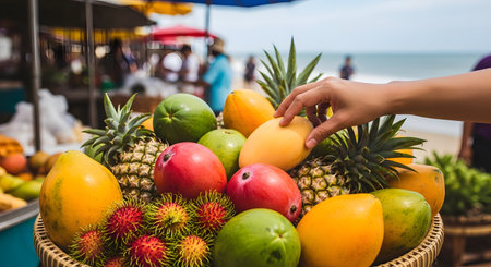 A hand reaches to select a ripe yellow mango from a basket filled with various tropical fruits at an outdoor market near the beach. The blurred background shows the ocean and market stalls, suggesting a tropical vacation setting.の素材