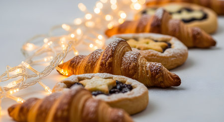 A row of delicious assorted pastries including croissants and jam-filled cookies, displayed with fairy lights. The selective focus highlights the flaky texture of the croissant, creating a cozy and inviting bakery atmosphere.の素材