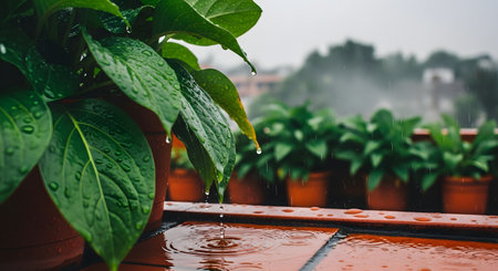 Raindrops fall onto the lush green leaves of potted plants placed on a ledge or balcony during a downpour. The image captures the freshness of nature and the nurturing aspect of water in an urban garden setting.の素材