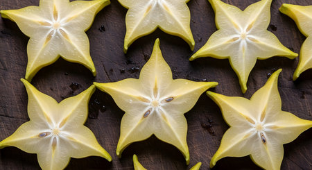 A mesmerizing pattern of fresh yellow star fruit (carambola) slices arranged on a dark wooden background. The star shapes and texture of the fruit create a vibrant and healthy food backdrop.の素材
