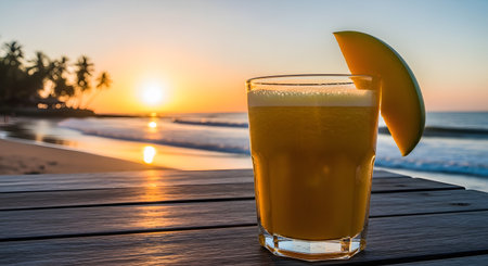 A refreshing glass of fresh mango juice garnished with a fruit slice sits on a wooden table against a stunning beach sunset background. The golden sun reflects on the calm ocean waves, creating a perfect tropical vacation atmosphere.の素材