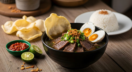 A bowl of Rawon, a traditional Indonesian black beef soup, served with salted egg, bean sprouts, sambal, and rice. The dark broth, rich with keluak nut, represents authentic East Javanese cuisine.の素材