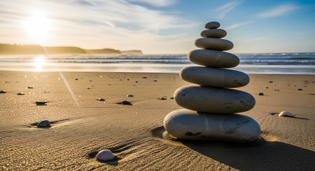 A tower of smooth balanced stones stands on a sandy beach with the ocean waves in the background. The sun sets on the horizon casting a warm golden glow over the peaceful meditative scene.の素材