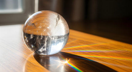 A clear crystal ball sitting on a wooden table, refracting sunlight to create a vibrant rainbow spectrum on the surface. The image captures the physics of light, clarity, and magical visual effects.の素材