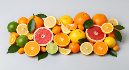 A vibrant panoramic arrangement of fresh citrus fruits, including oranges, lemons, limes, kumquats, and grapefruits, displayed on a clean white background. Some fruits are sliced to show the juicy interior, while green leaves add a touch of contrast.の素材