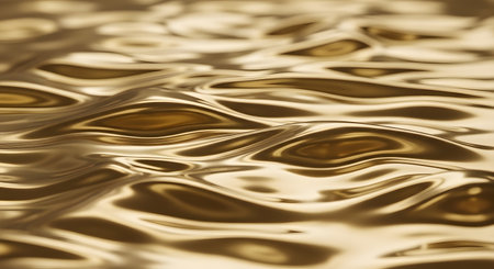 A close-up abstract texture of liquid gold with gentle ripples and waves. The surface reflects light with a metallic sheen, creating a luxurious and smooth visual suitable for elegant backgrounds and design overlays.の素材