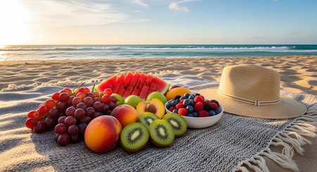 A relaxing beach picnic setup on a sandy shore, featuring a woven blanket, a bowl of grapes and berries, watermelon slices, and a straw hat. The background showcases the blue ocean waves and a sunny horizon, perfect for summer vacation concepts.の素材