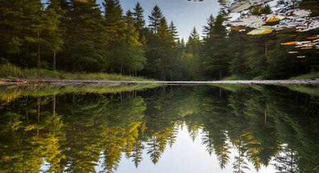 A serene landscape featuring a pine forest reflected perfectly in the still water of a lake or pond. The symmetry between the green trees and their reflection creates a peaceful and balanced nature scene.の素材