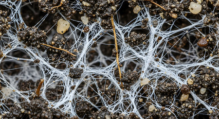 A detailed macro shot of soil permeated with a complex network of white fungal mycelium. The intricate web of hyphae connects soil particles highlighting the biological activity underground.の素材