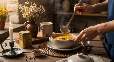 A person pouring hot pumpkin soup from a ladle into a ceramic bowl on a rustic wooden table. Steam rises from the creamy soup, evoking a cozy and comforting autumn meal vibe.の素材